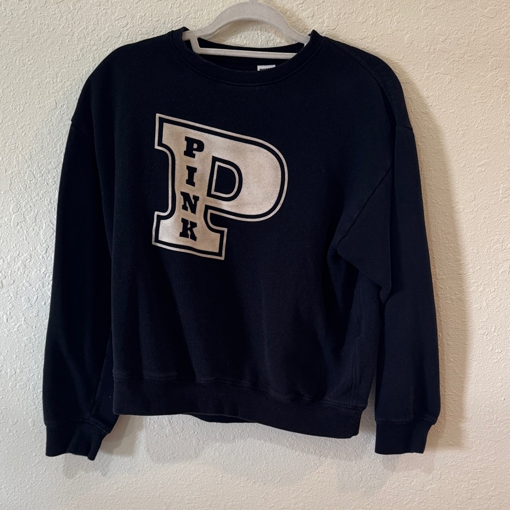 PINK Victoria's Secret Black Crewneck Sweatshirt with Cream Varsity P